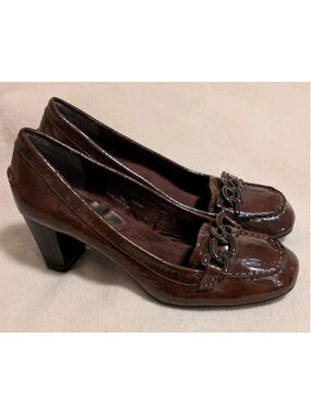 Boston Design Studio Women’s Brown Patent Leather Loafer Block Heel Size 7M F34